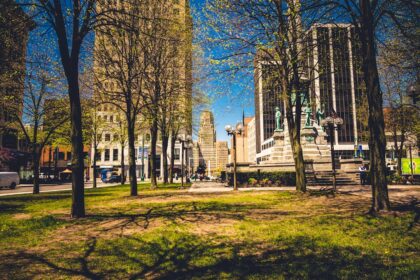 a park with trees and buildings