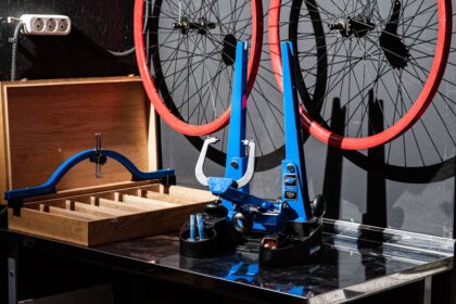 a bicycle with a blue frame
