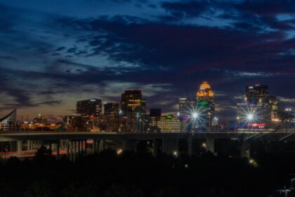 City skyline at dusk with illuminated buildings