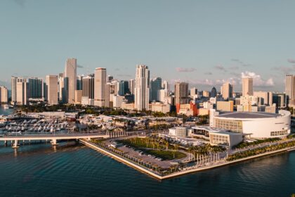 city skyline between sky and body of water