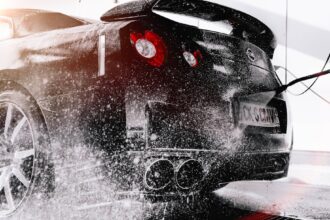 grayscale photo of black car