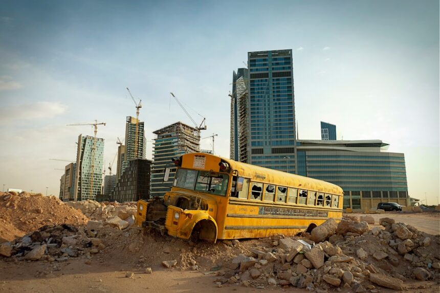 a yellow bus parked in a city