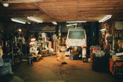 The garage is messy but full of tools