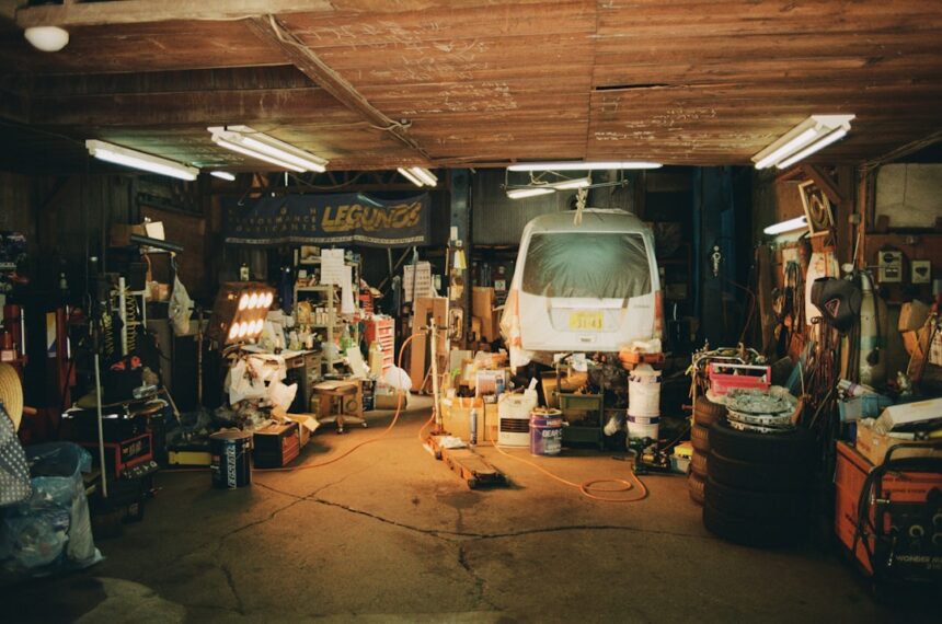 The garage is messy but full of tools
