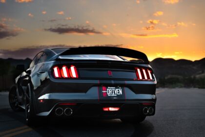 black ford shelby gt350 at sunset