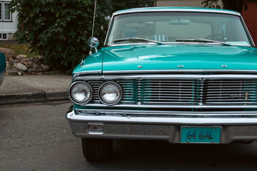 A green car parked on the side of the road