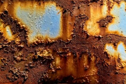 a rusted metal surface with blue and yellow paint