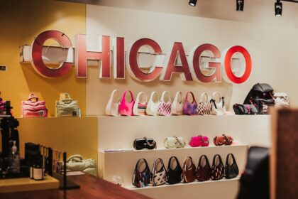 A display of shoes and purses in a store