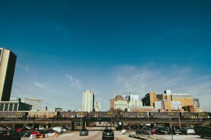 a view of a city with a bridge over it