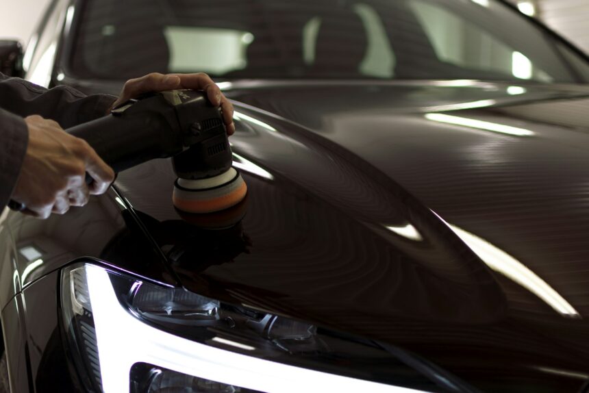 Dual-action polisher working on the paintwork of a dark car