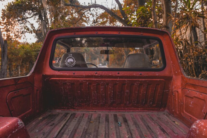 Empty pickup truck bed viewed from the tailgate