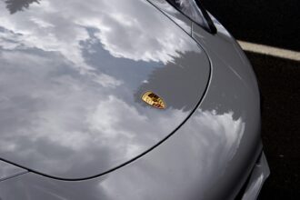 Close-up of a car hood surface showing surface contamination
